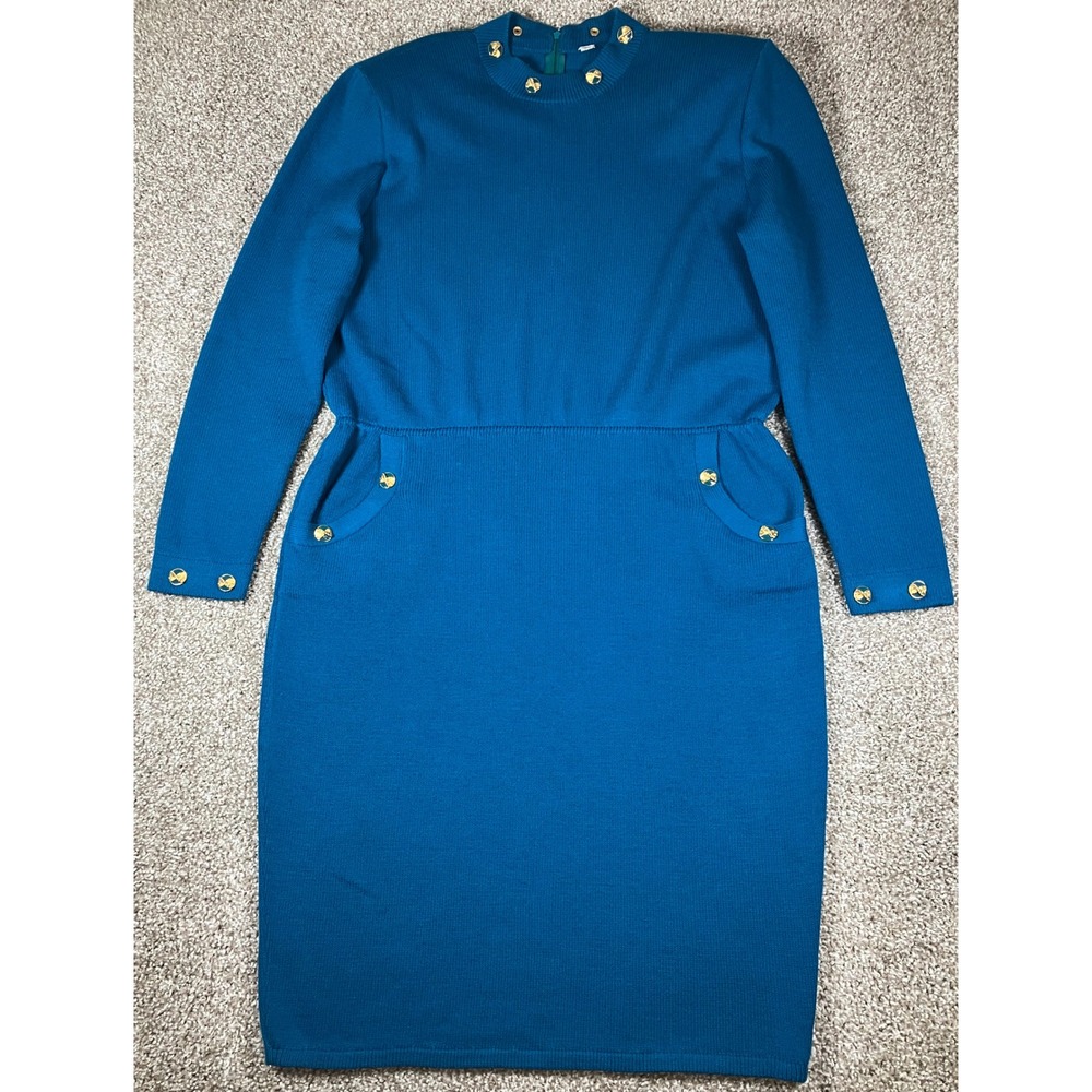 St John Collection Marie Gray Teal Santana Knit Mock Neck Button Dress Size 14